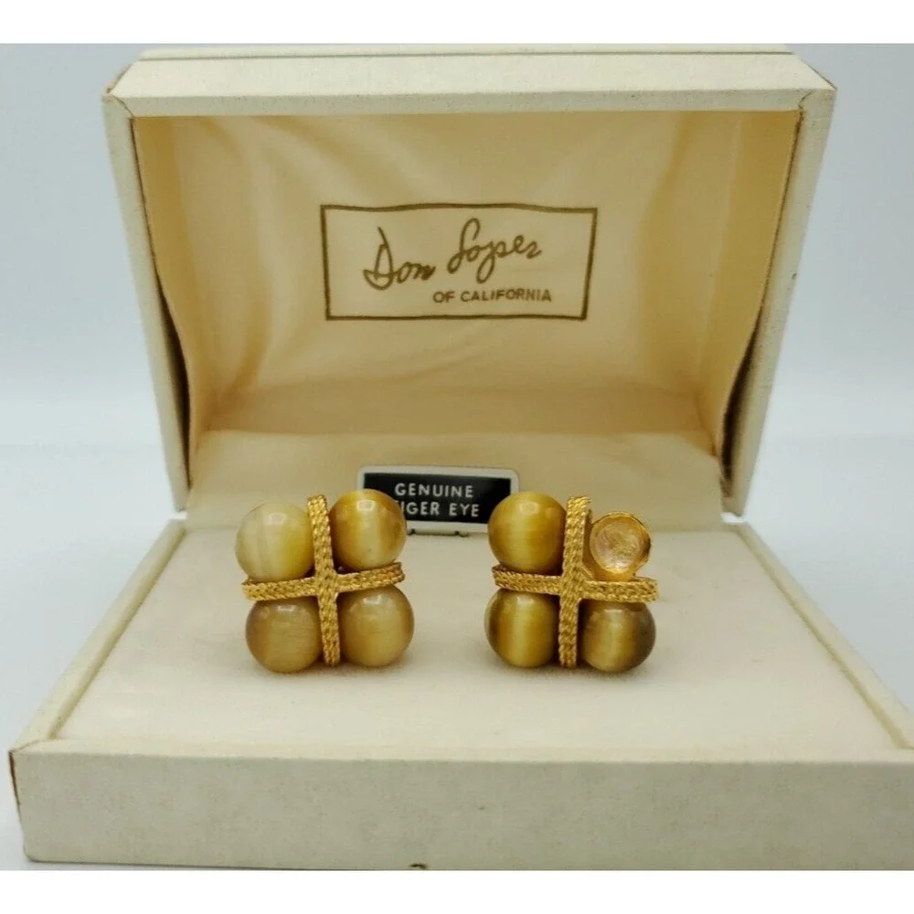 Vtg 1960's‎ Tiger Eye Cufflinks Don Loper of California Mens Goldtone Flaw Read